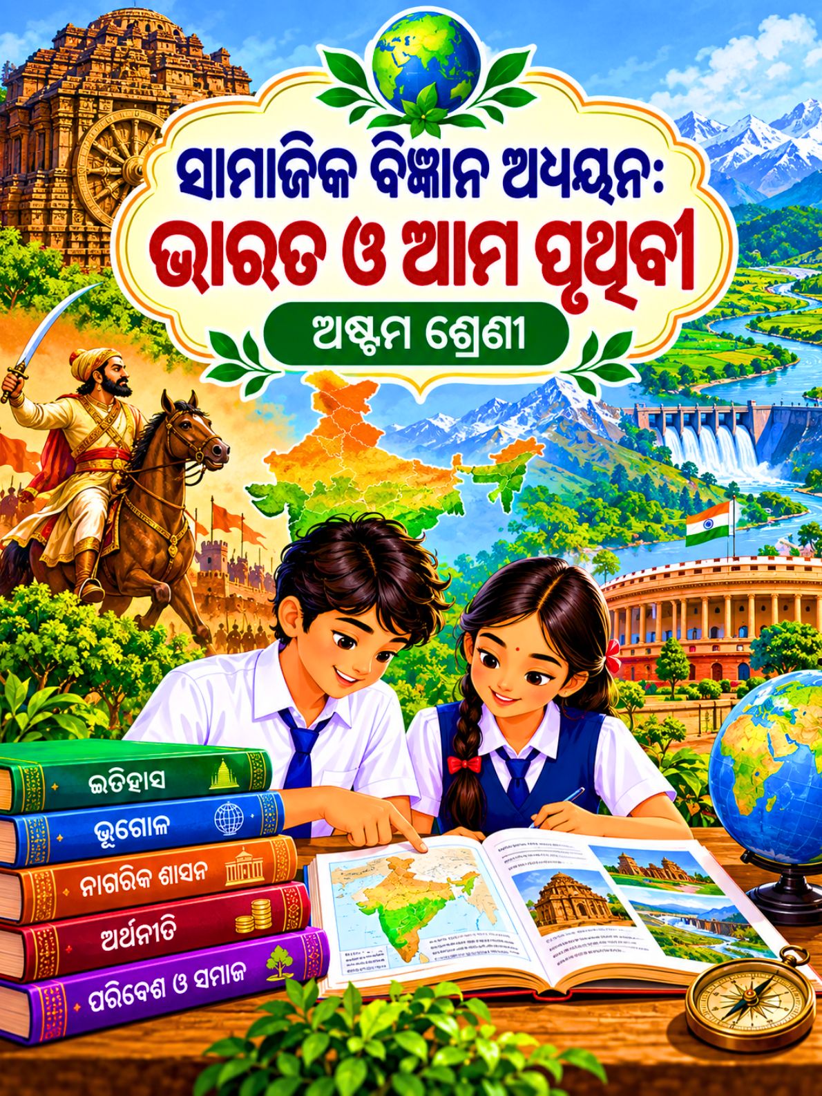ଭାରତ ଓ ଆମ ପୃଥିବୀ  (Bharat O Ama Pruthibi) ସାମାଜିକ ବିଜ୍ଞାନ ଅଧ୍ୟୟନ Class Class 8 Social Science Odia Textbook Cover | Free Download | Odisha Books